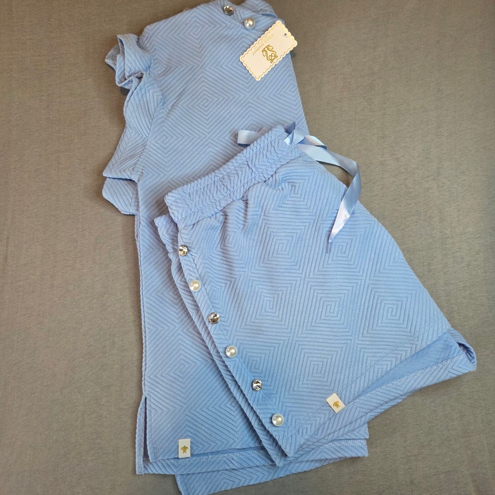 Simply Southern Blue Quilted Ruffle Pearl Lounge Set Top L Shorts XL NEW